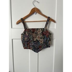 SHEIN Floral Tapestry Corset Top Sleeveless Handkerchief Hem Smocked Back Small